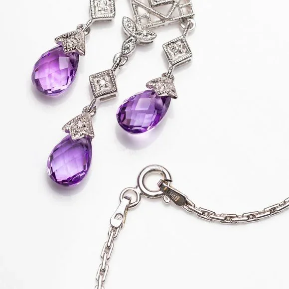 14K White Gold Amethyst Chandelier Necklace With Diamond Accents
